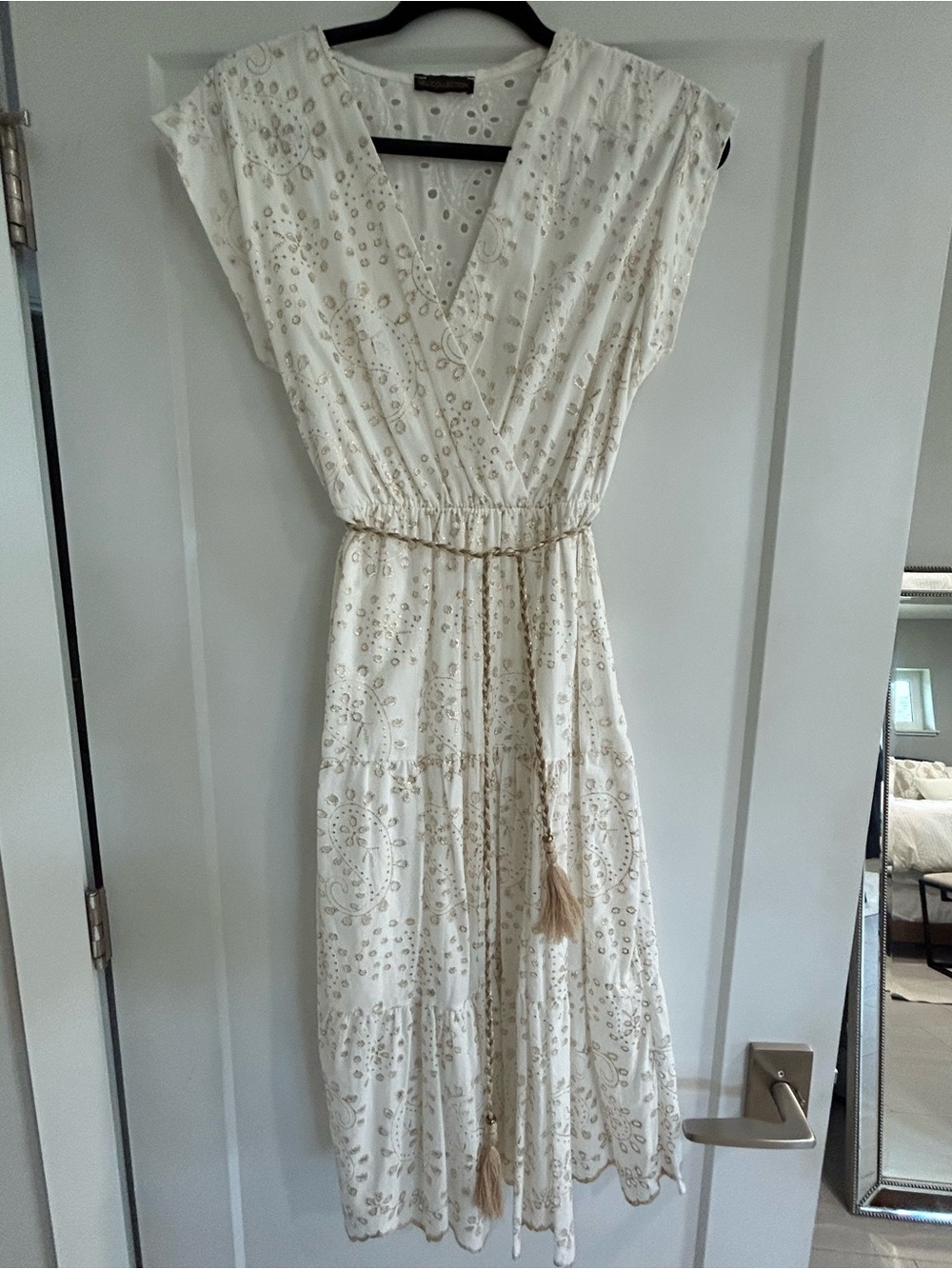Embroidered Cream Maxi Dress with Tassel Waist - Picture 1 of 5